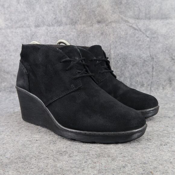 Clarks Shoes Women 7.5 Bootie Wedge Fashion Comfort Leather Classic Chukka Black - Picture 1 of 13